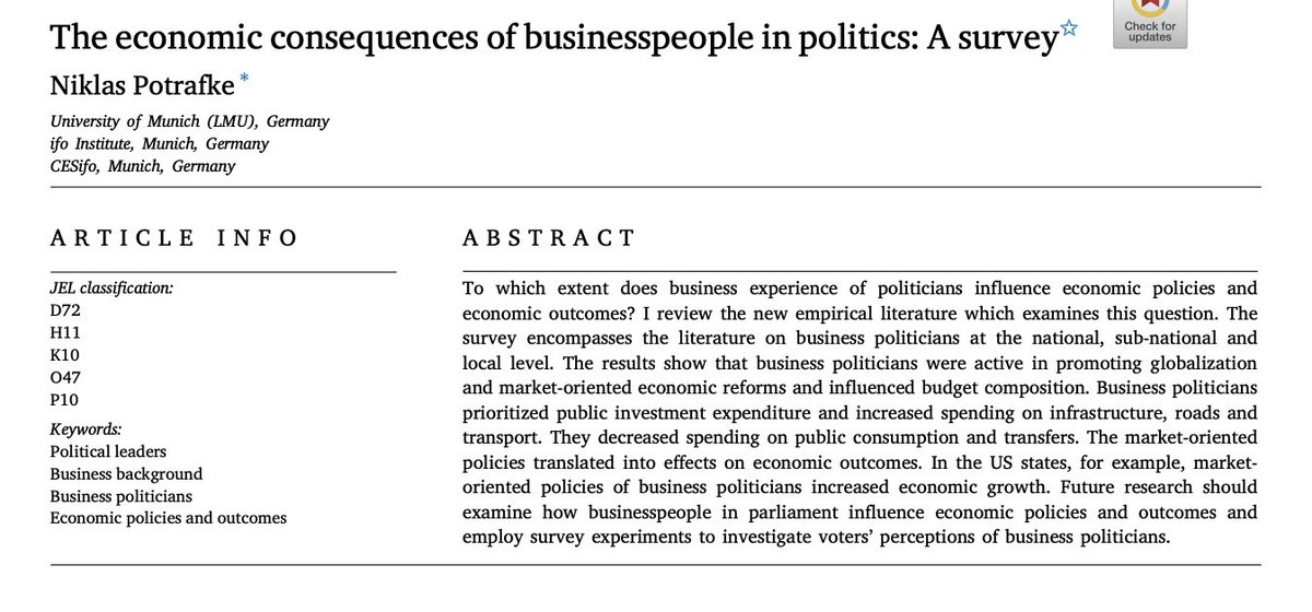 Revisión literatura muestra qué caracteriza a empresarios cuando actúan como gestores públicos:

1⃣Aumentan inversión pública (infraestructuras).
2⃣Reducen consumo público y transferencias sociales.
3⃣Promueven reformas orientadas al mercado.
4⃣Políticas fiscales conservadoras.