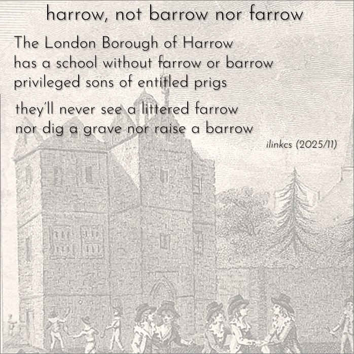 ilinkcs's tweet photo. weekly word challenge: harrow (Oct 31, 2025)

A harrow is a mechanical hoe,
    (no, not that kind!)

a farrow is a litter of pigs

a barrow is a mound of earth &amp; stones
    raised over a grave

ALT=deets &amp; attribution
#poetry #poem #tanka
#prompt #inkmine #harrow #barrow #farrow https://t.co/dQP3M2QKtD