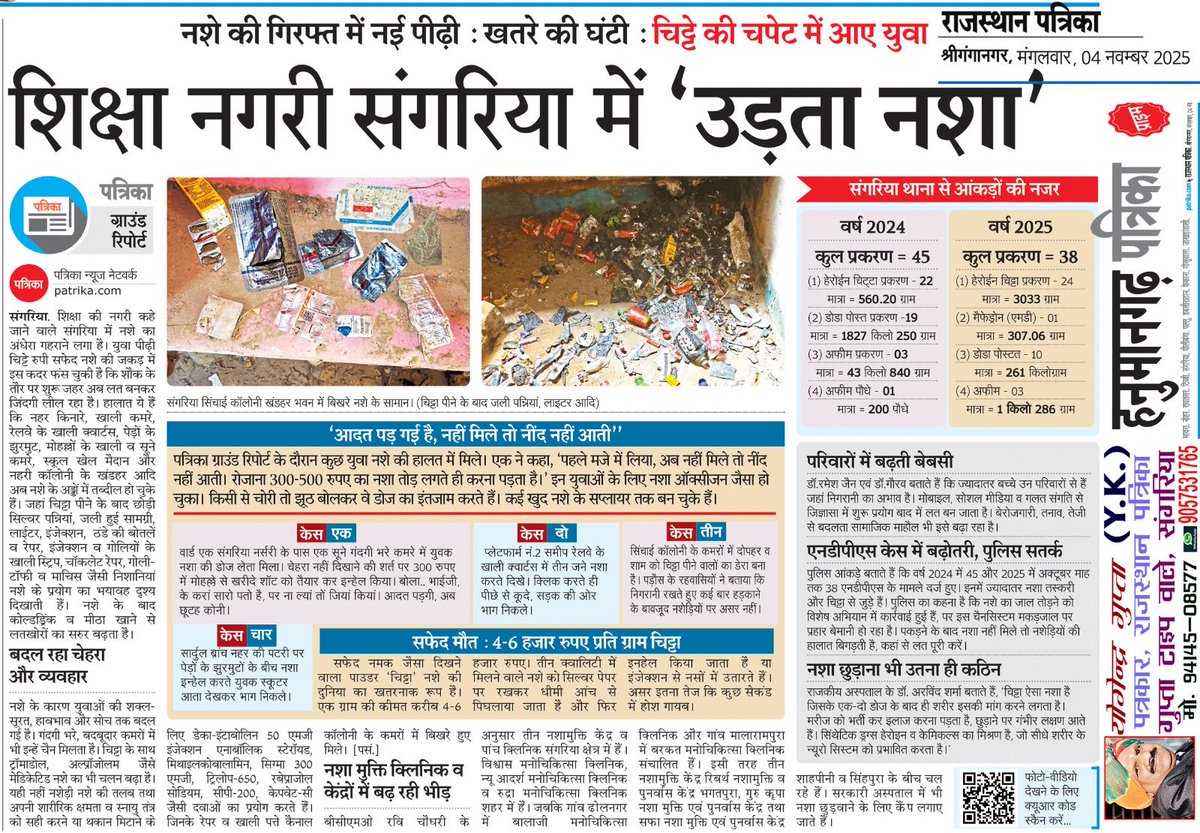 शिक्षा नगरी संगरिया में किताबों के सपने उड़ने चाहिए, नशे के गुबार नहीं।
हमारी युवा पीढ़ी का भविष्य पाउच में नहीं, पुस्तकालयों में है।
संगरिया जागो नशे को नहीं, शिक्षा को सम्मान दो! ✊📚