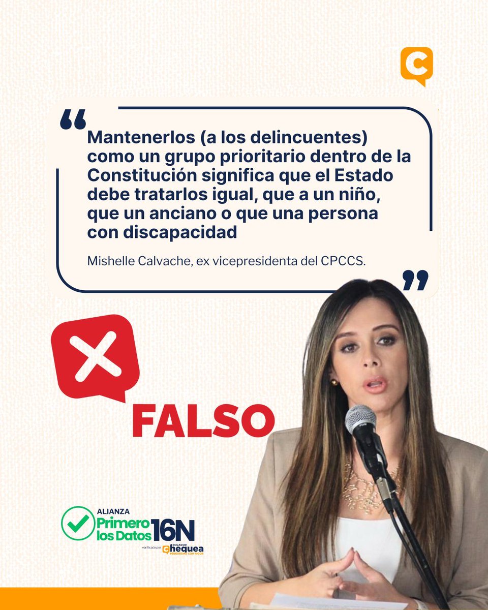 EcuadorFakeNews's tweet photo. #FakeNews 
Mishell Calvache dijo en TikTok que mantener a los “delincuentes” como grupo prioritario en la Constitución “significa tratarlos igual que a un niño o un anciano”.
Esto es falso.
#NoComasCuento https://t.co/YSX0A6dJGV