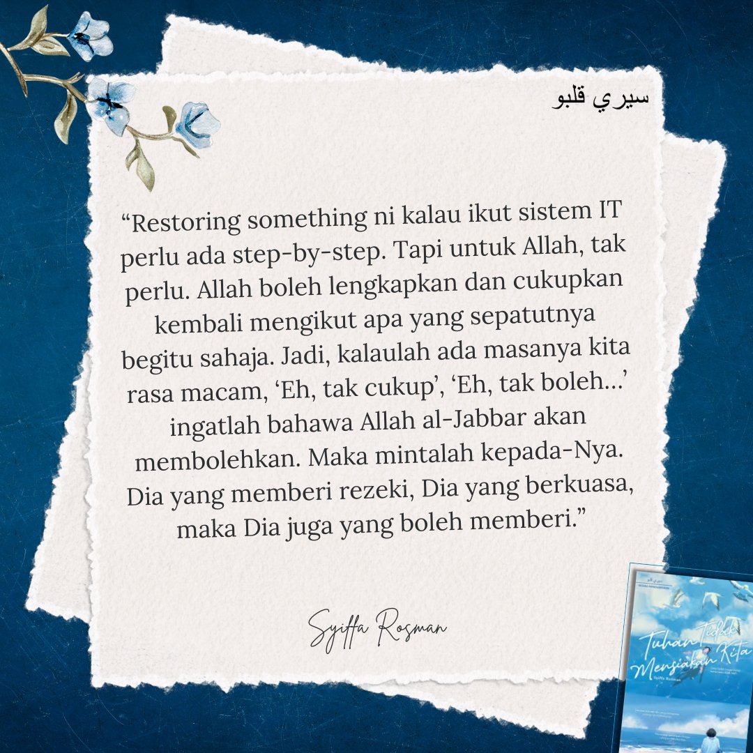 Hanya dengan kembali dan cuba mengingati-Nya, kita akan tahu yang tak ada satu pun dalam dunia ni berlaku atas kemampuan atau kudrat kita, melainkan Dia. 𓍯𓂃𓏧♡

📖 Tuhan Tidak Mensiakan Kita, Syiffa Rosman 💙
shop.gempakstarz.com/product/p-bm-o…