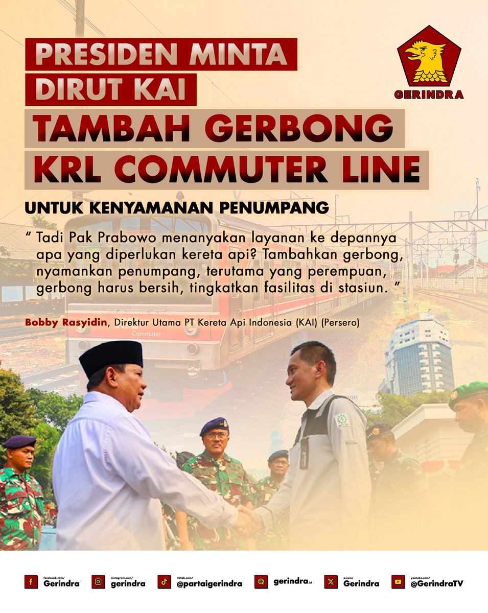KABAR GEMBIRA UNTUK ANAK KERETA (ANKER) 😎 🚉🚇

Presiden <a href="/prabowo/">Prabowo Subianto</a> Subianto meminta Dirut PT <a href="/CommuterLine/">KAI Commuter</a> Bobby Rasyidin untuk menambah gerbong kereta KRL commuter line demi kenyamanan penumpang. Permintaan ini disampaikan langsung oleh Presiden saat Bobby dipanggil ke Istana