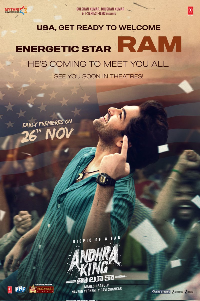 telugurajyam's tweet photo. For the first time ever, the USA is all set to feel the electric ENERGY ⚡

Energetic Star #ramsayz coming to the US for #AndhraKingTaluka as one of us, with all of us 😍❤️‍🔥

Early premieres on Nov 26th.

Overseas by #PrathyangiraUS #BhagyashriBorse #filmymahesh #MythriOfficial #RKDStudios #TSeries
