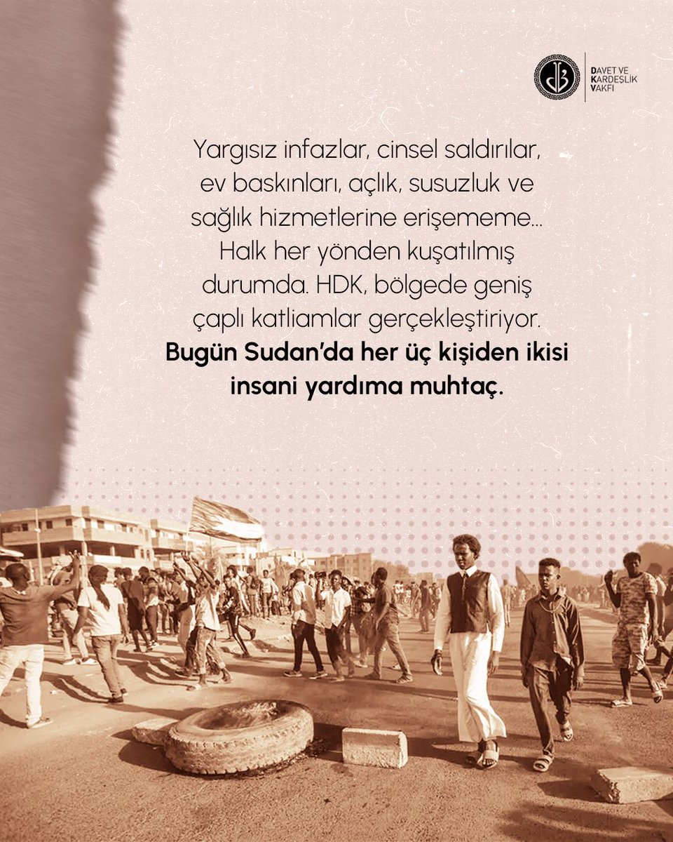 dkvtarsus's tweet photo. Sudan kan ağlıyor…
15 Nisan 2023’ten bu yana ordu ile paramiliter güçler arasında süren çatışmalar, milyonlarca insanı açlık, susuzluk ve ölümle yüz yüze bıraktı.
Darfur’un kalbi Faşir, artık sessiz değil… çığlıklarla dolu.

#sudan 

➡️https://t.co/ZxwY7u6F3D https://t.co/z8Z0xGg6qi
