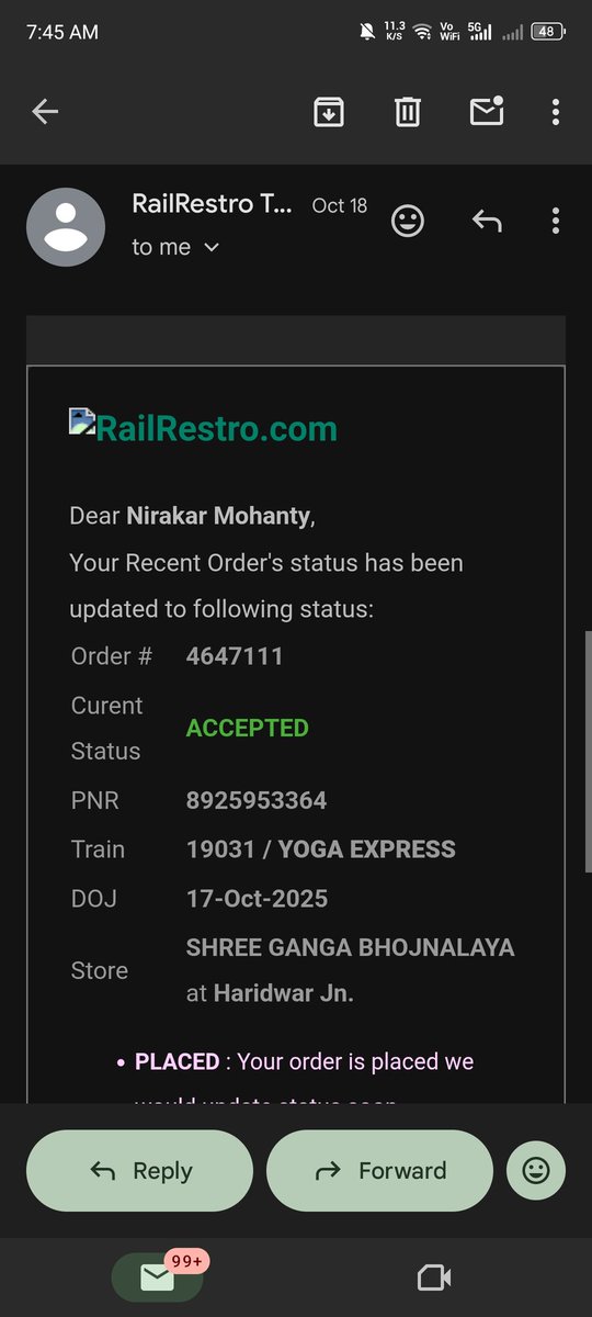 Jateen2003's tweet photo. Horrible experience with @RailRestro 😡

My order #4647111 (PNR 8925953364) was first accepted and later auto-canceled without delivery.
When I contacted support, they said since it’s over 15 days, they can’t refund — feels like a scam!

Please resolve this ASAP 🙏 https://t.co/vjGgvMO9Zt