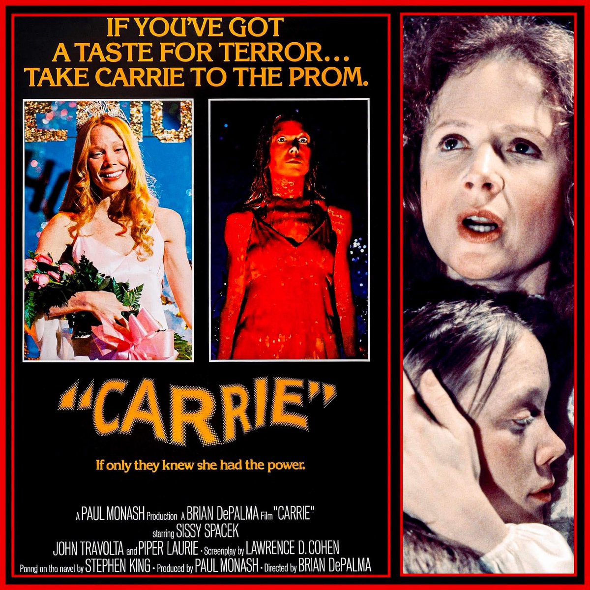 OfficialSQC's tweet image. Carrie was released on this day of 1976. 

Based on the novel by Stephen King. 

Directed by Brian De Palma.

Starring: Sissy Spacek, John Travolta, Piper Laurie, PJ Soles. 

#carrie #stephenking #sissyspacek