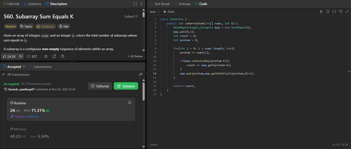 SaranshUpadhy20's tweet photo. Solved LeetCode #560 — Subarray Sum Equals K 

Used a Prefix Sum + HashMap approach to get an O(n) solution 🚀

💡Track prefix sums and use a map to find how many times (preSum - k) occurred before.
No nested loops needed 👀
#LeetCode #BuildingMyCodingLogic #Java #Coding #DSA https://t.co/oeTQLQzAlq