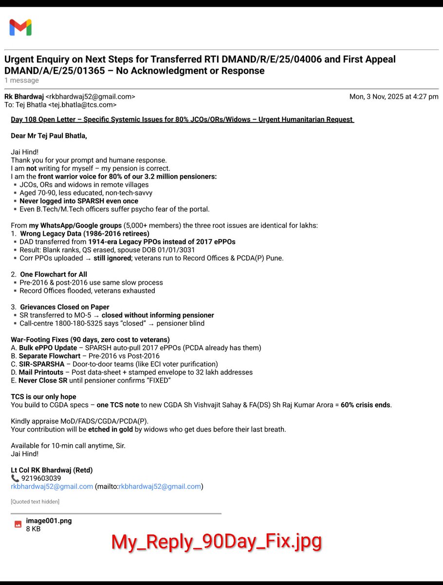 RajKuma35152604's tweet photo. 🚨 FLASH NEWS OF THE DAY
#SPARSHFailsVeterans | Day 108 
TCS 4X REPLY BLAST!  
TCS, Fix SPARSH or Lose Reputation –
Veterans Begging While Passport Seva Shines!  

#TejPaulBhatla, Senior Vice President & Head Government Business, TCS  
In 24 hrs, Day 108 exploded:
🔥31 Retweets  ♥️27 Likes  👁️274 Views  
Compare TCS’s own miracles:
 ✅ Passport Seva (TCS-built):
   → 99.9 % uptime
   → 10 crore+ passports
   → Zero data disasters   
❌ SPARSH (TCS-built):
   → 6.5 lakh veterans in limbo
   → 50 % login failures
   → Widows denied pensions
   → 87 % “resolved” on paper, 0 % in reality  
Excerpt from Day 107:  
▪️TCS built Passport Seva – World-class  
▪️TCS built SPARSH – World-class failure  
▪️Same company. Same tech.  
▪️Why double standard for our soldiers?

📌 Half veterans never logged in… psycho fear”  
— Indian Express (27 Jul 2025)  
https://t.co/trd2R1rdol
📌 “6.5 lakh cases pending… widows denied”  
— Moneycontrol (15 Jul 2025)  
https://t.co/1LsTOd5kpZ

TCS 4X REPLY IN 24 HRS! 
1️⃣ Mr Tej Paul Bhatla  Sr Vice President & Head Govt Business, India (attached):
   “Could you let me know any specific issue?
   I will get it checked from our team.”   
2️⃣ My reply (attached):
   “80 % JCOs/ORs/widows in remote villages…
   Bulk ePPO + SIR-SPARSHA = 60 % ends in 90 days.”   
3️⃣ Mr Manoj Indulkar Operations Head - India Business TCS):
   “I shall take these messages forward…
   confident necessary steps as appropriate would be taken.”   
4️⃣ Mr Asim Dave (TCS  Gandhinagar Gujarat-Assistant Consultant) 
📞 +91 99044 23418 CALLED ME:
   “Your wife alive after 2019 death…
   Handicapped daughter missing…
   80 % villages suffering same.
   Understood. Feedback to leaders.”  
My 45-min briefing:  
▪️Separate Flowcharts – Pre-2016 vs Post-2016  
▪️SPARSH auto-update from 2017 ePPO & Corr PPOs (PCDA already has them)  
▪️Uploaded Corr PPO = INSTANT update – No Record Office, no fresh SPARSH PPO  
▪️One-time door-to-door “SIR-SPARSHA” – DAD + Armed Forces + ECI BLOs  
▪️OR mail printouts + stamped envelope to 32 lakh addresses  
▪️Grievance NEVER closed till pensioner clicks “FIXED

87 % ‘As_Is’ cases fixed → 13 % (83 K veterans) still trapped – PIB Release 22/09/25
70–80 % in villages/small towns – never logged in once  -  Onground Realities 

✴️ Mr Tej Paul Bhatla, intervene NOW.
Kindly advise:
🔴 Sh Vishvajit Sahay, CGDA
🔴 Sh Raj Kumar Arora, FA(DS)  

Save TCS’s reputation.
Save 3.2 million veterans from digital betrayal.  
#FixSPARSHNow #CAGAuditSPARSH 

@TCS @tpbhatla
@PMOIndia @rajnathsingh
@SpokespersonMoD 
#DefenceSecy #RajeshKumarSingh
#FADS #RajKumarArora
@DefenceAccounts  
#CGDA #VishvajitSahay
@HQ_IDS_India 
#CDS #GeneralAnilChauhan
@adgpi
#COAS #GeneralUpendraDwivedi
@indiannavy
#CNS #AdmiralDineshKTripathi
@IAF_MCC
#CAS #AirChiefMarshalAPSingh
@thetribunechd @ajaynewsman @timesofindia @rajatpTOI @IndianExpress @grewal_sharma @moneycontrolcom @nalinmehta 
@the_hindu @ndtv @ABPNews
@manaman_chhina 
@Vedmalik1 @arunp2810 @Ptr6Vb  @kayjay34350 @ColTekpal  @NTR_NationFirst @RDXThinksThat @ragarwal @BrigMahalingam