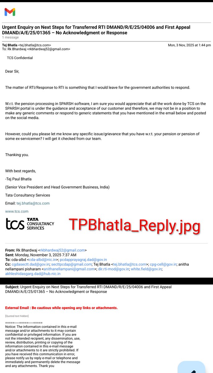 RajKuma35152604's tweet photo. 🚨 FLASH NEWS OF THE DAY
#SPARSHFailsVeterans | Day 108 
TCS 4X REPLY BLAST!  
TCS, Fix SPARSH or Lose Reputation –
Veterans Begging While Passport Seva Shines!  

#TejPaulBhatla, Senior Vice President & Head Government Business, TCS  
In 24 hrs, Day 108 exploded:
🔥31 Retweets  ♥️27 Likes  👁️274 Views  
Compare TCS’s own miracles:
 ✅ Passport Seva (TCS-built):
   → 99.9 % uptime
   → 10 crore+ passports
   → Zero data disasters   
❌ SPARSH (TCS-built):
   → 6.5 lakh veterans in limbo
   → 50 % login failures
   → Widows denied pensions
   → 87 % “resolved” on paper, 0 % in reality  
Excerpt from Day 107:  
▪️TCS built Passport Seva – World-class  
▪️TCS built SPARSH – World-class failure  
▪️Same company. Same tech.  
▪️Why double standard for our soldiers?

📌 Half veterans never logged in… psycho fear”  
— Indian Express (27 Jul 2025)  
https://t.co/trd2R1rdol
📌 “6.5 lakh cases pending… widows denied”  
— Moneycontrol (15 Jul 2025)  
https://t.co/1LsTOd5kpZ

TCS 4X REPLY IN 24 HRS! 
1️⃣ Mr Tej Paul Bhatla  Sr Vice President & Head Govt Business, India (attached):
   “Could you let me know any specific issue?
   I will get it checked from our team.”   
2️⃣ My reply (attached):
   “80 % JCOs/ORs/widows in remote villages…
   Bulk ePPO + SIR-SPARSHA = 60 % ends in 90 days.”   
3️⃣ Mr Manoj Indulkar Operations Head - India Business TCS):
   “I shall take these messages forward…
   confident necessary steps as appropriate would be taken.”   
4️⃣ Mr Asim Dave (TCS  Gandhinagar Gujarat-Assistant Consultant) 
📞 +91 99044 23418 CALLED ME:
   “Your wife alive after 2019 death…
   Handicapped daughter missing…
   80 % villages suffering same.
   Understood. Feedback to leaders.”  
My 45-min briefing:  
▪️Separate Flowcharts – Pre-2016 vs Post-2016  
▪️SPARSH auto-update from 2017 ePPO & Corr PPOs (PCDA already has them)  
▪️Uploaded Corr PPO = INSTANT update – No Record Office, no fresh SPARSH PPO  
▪️One-time door-to-door “SIR-SPARSHA” – DAD + Armed Forces + ECI BLOs  
▪️OR mail printouts + stamped envelope to 32 lakh addresses  
▪️Grievance NEVER closed till pensioner clicks “FIXED

87 % ‘As_Is’ cases fixed → 13 % (83 K veterans) still trapped – PIB Release 22/09/25
70–80 % in villages/small towns – never logged in once  -  Onground Realities 

✴️ Mr Tej Paul Bhatla, intervene NOW.
Kindly advise:
🔴 Sh Vishvajit Sahay, CGDA
🔴 Sh Raj Kumar Arora, FA(DS)  

Save TCS’s reputation.
Save 3.2 million veterans from digital betrayal.  
#FixSPARSHNow #CAGAuditSPARSH 

@TCS @tpbhatla
@PMOIndia @rajnathsingh
@SpokespersonMoD 
#DefenceSecy #RajeshKumarSingh
#FADS #RajKumarArora
@DefenceAccounts  
#CGDA #VishvajitSahay
@HQ_IDS_India 
#CDS #GeneralAnilChauhan
@adgpi
#COAS #GeneralUpendraDwivedi
@indiannavy
#CNS #AdmiralDineshKTripathi
@IAF_MCC
#CAS #AirChiefMarshalAPSingh
@thetribunechd @ajaynewsman @timesofindia @rajatpTOI @IndianExpress @grewal_sharma @moneycontrolcom @nalinmehta 
@the_hindu @ndtv @ABPNews
@manaman_chhina 
@Vedmalik1 @arunp2810 @Ptr6Vb  @kayjay34350 @ColTekpal  @NTR_NationFirst @RDXThinksThat @ragarwal @BrigMahalingam