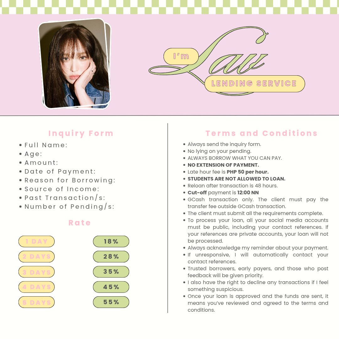 ꒰11.04꒱ pautang service ― open ᝰ.ᐟ

𖹭 available fund is ₱2,000
― max 5 days DOP
― no extensions
― prio good payer ; 0-1 pendings

📎 read terms and condition carefully 

💌 DM inquiry form

🔖pautang service gcash pahiram lending service