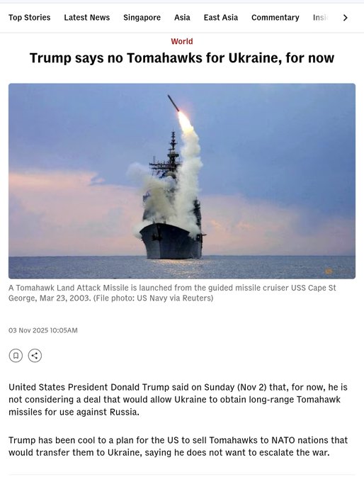 A webpage screenshot from Reuters displays top stories and latest news headlines including Trump says no Tomahawks for Ukraine for now, with an embedded photo of a Tomahawk land attack missile launching from the guided missile cruiser USS Cape St George in the Arabian Sea on March 20 2003.