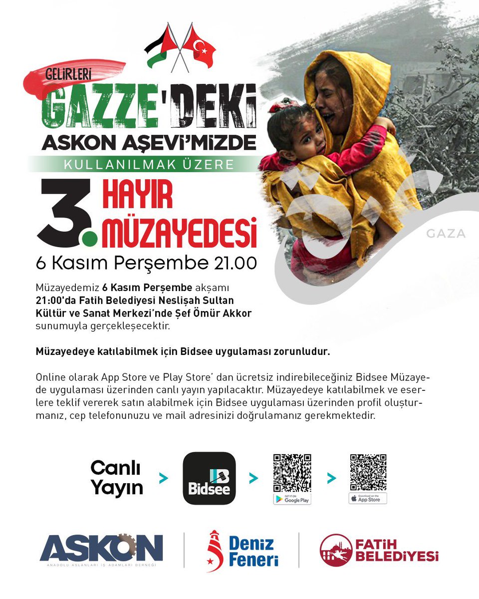 Gelirinin tamamı Gazze’deki <a href="/ASKON/">ASKON 🇹🇷</a> Aşevi’miz aracılığıyla Gazzeli kardeşlerimize ulaştırılmak üzere, <a href="/denizfenerid/">Deniz Feneri Derneği</a> iş birliğiyle “Gazze İçin Dayanışma Müzayedesi” düzenliyoruz.

Sanatın iyiliğe dönüştüğü bu anlamlı gecede tüm üyelerimizi ve hayırseverlerimizi fiziken ya da online