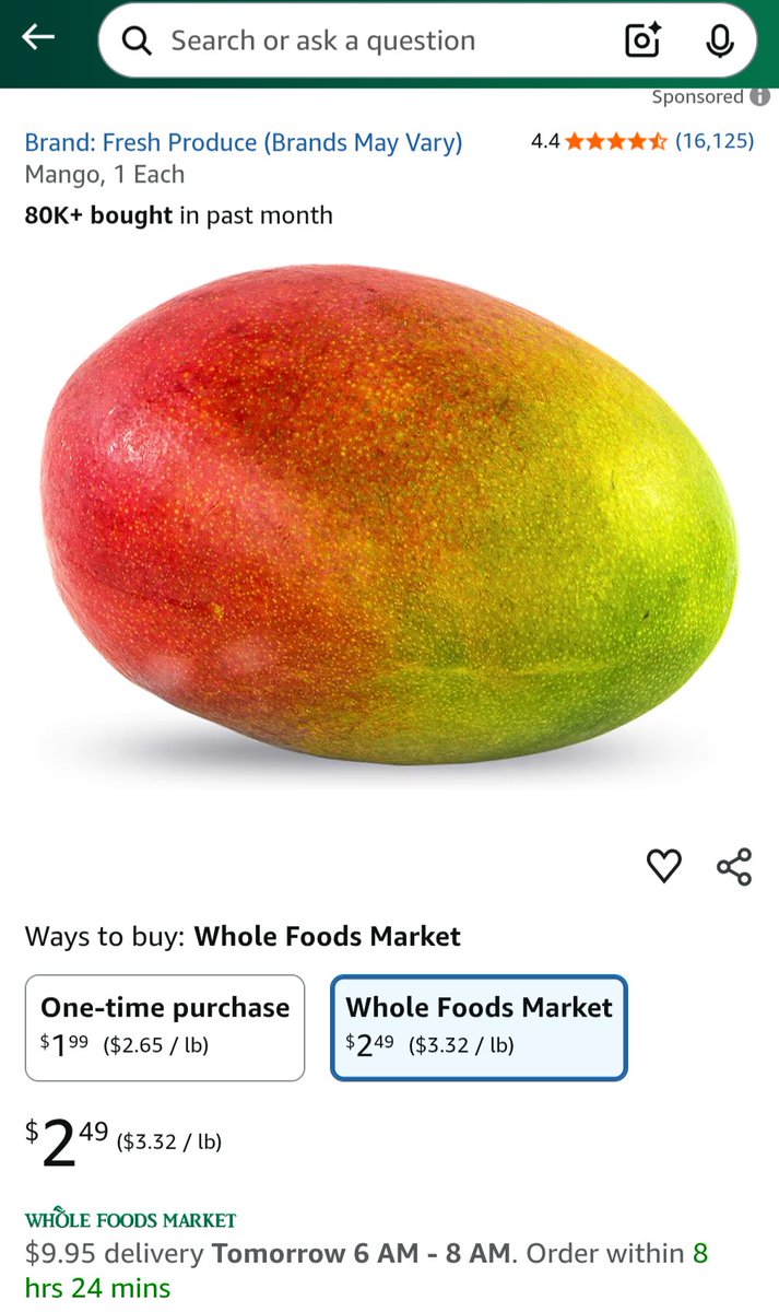 Just wanted to share something I randomly saw. This 1 Mango is sold by Amazon for $1.99 with free prime overnight shipping, but through Whole Foods for $2.49 plus $9.95 shipping. #amazon #wholefoods #organic