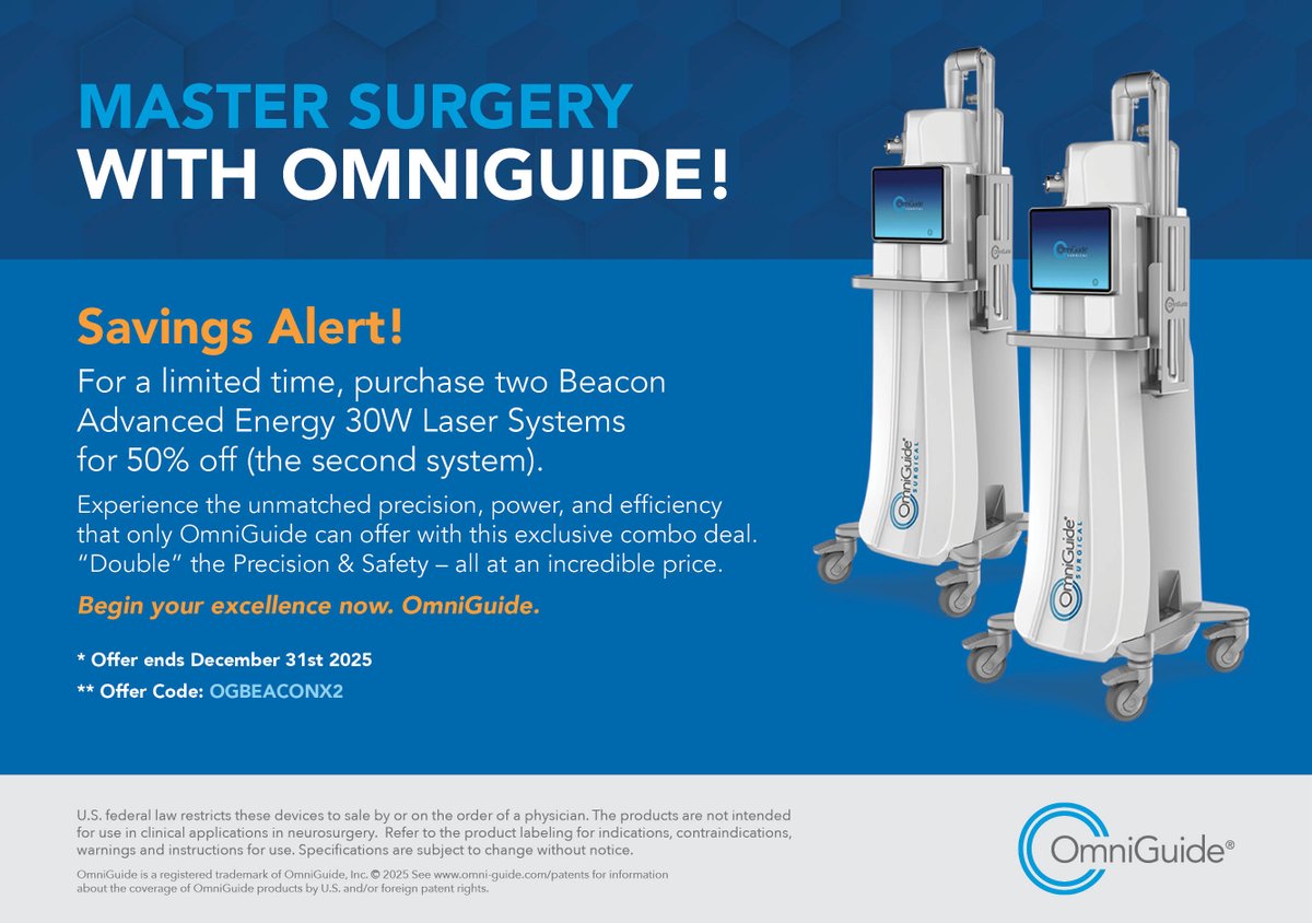 OmniGuideMIS's tweet image. Master surgery with OmniGuide&apos;s Beacon Advanced Laser Surgery System. For a limited time, purchase two Beacon systems and get 50% off the second system! omni-guide.com/technology/co2…
#OmniGuide #OmniGuideSurgery #CO2laser #Beacon #BeaconCO2Laser
