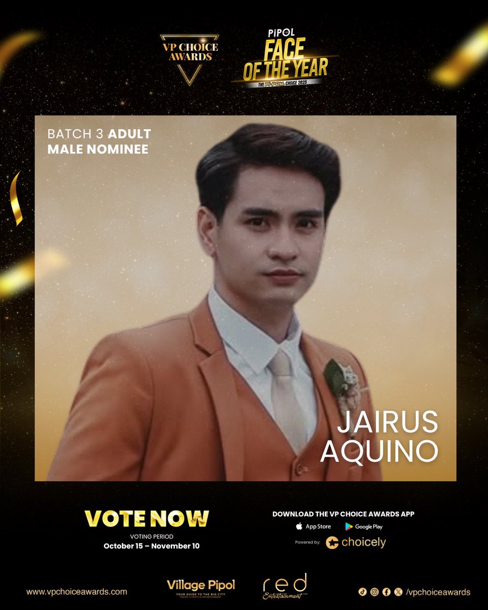 vpchoiceawards's tweet photo. Who among Ethan David, Jairus Aquino, or KD Estrada is your favorite #PIPOLFaceOf2025 Adult Male nominee?
Cast your votes now via the VP Choice Awards App or the Web Voting Portal powered by Choicely at https://t.co/925ocvxxbz to help them secure a spot in Batch 3’s Final Five.
Voting is open until November 10, 2025 only.
#VPChoiceAwards #PIPOLmgZn #VillagePipol #ChoicelyApp