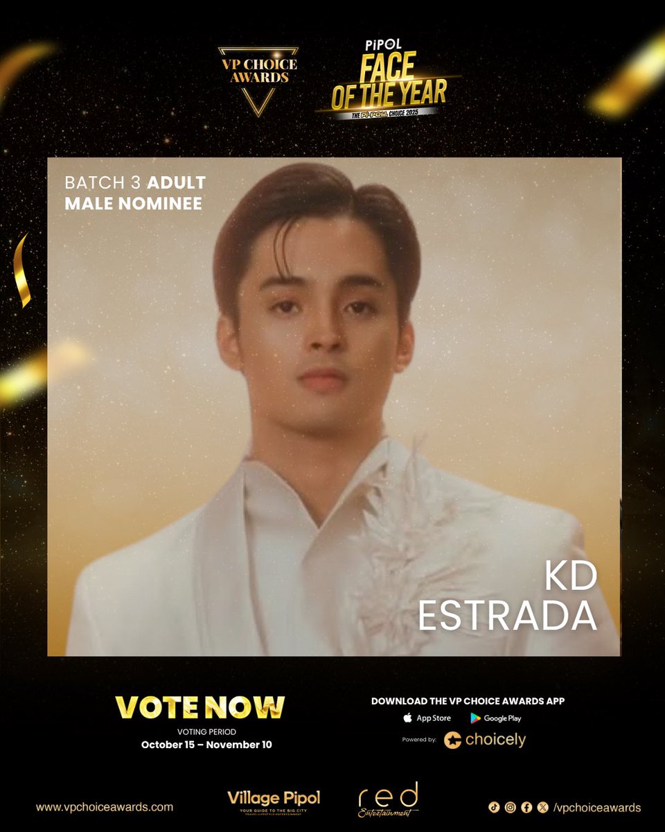vpchoiceawards's tweet photo. Who among Ethan David, Jairus Aquino, or KD Estrada is your favorite #PIPOLFaceOf2025 Adult Male nominee?
Cast your votes now via the VP Choice Awards App or the Web Voting Portal powered by Choicely at https://t.co/925ocvxxbz to help them secure a spot in Batch 3’s Final Five.
Voting is open until November 10, 2025 only.
#VPChoiceAwards #PIPOLmgZn #VillagePipol #ChoicelyApp