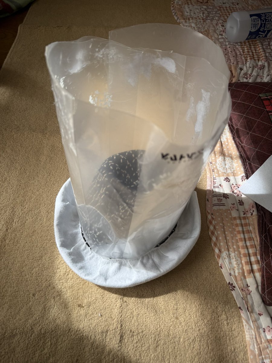 TableIsWaitingl's tweet image. ルミエール仮装のお顔がカビたのならしょうがない！作り直す！
因みにルミエールの頭の構造はこうなっている。…帽子、クリアファイル、フェルトで成り立っている。クリアファイル毎回使い回しです。見えないので←