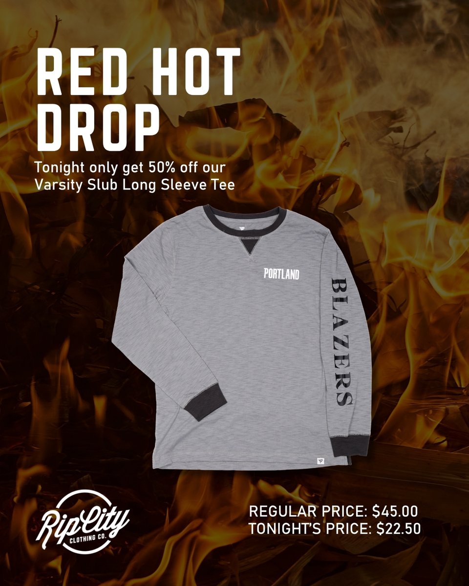 🚒 Get 50% off the Varsity Slub Long Sleeve Tee.

Tonight’s Red Hot Drop: available now at Rip City Clothing (Entry A-19) or via the link in bio.