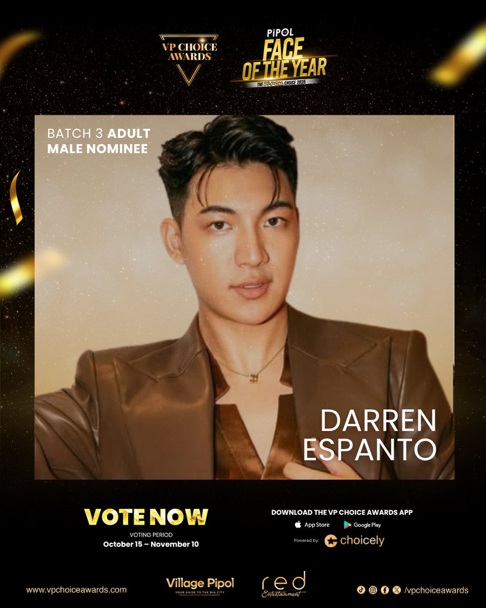 vpchoiceawards's tweet image. Who among Dylan Yturralde, Justin De Dios, or Darren Espanto is your favorite #PIPOLFaceOf2025 Adult Male nominee?

Cast your votes now via the VP Choice Awards App or the Web Voting Portal powered by Choicely at vpchoiceawards.com/webvote to help them secure a spot in Batch 3’s…