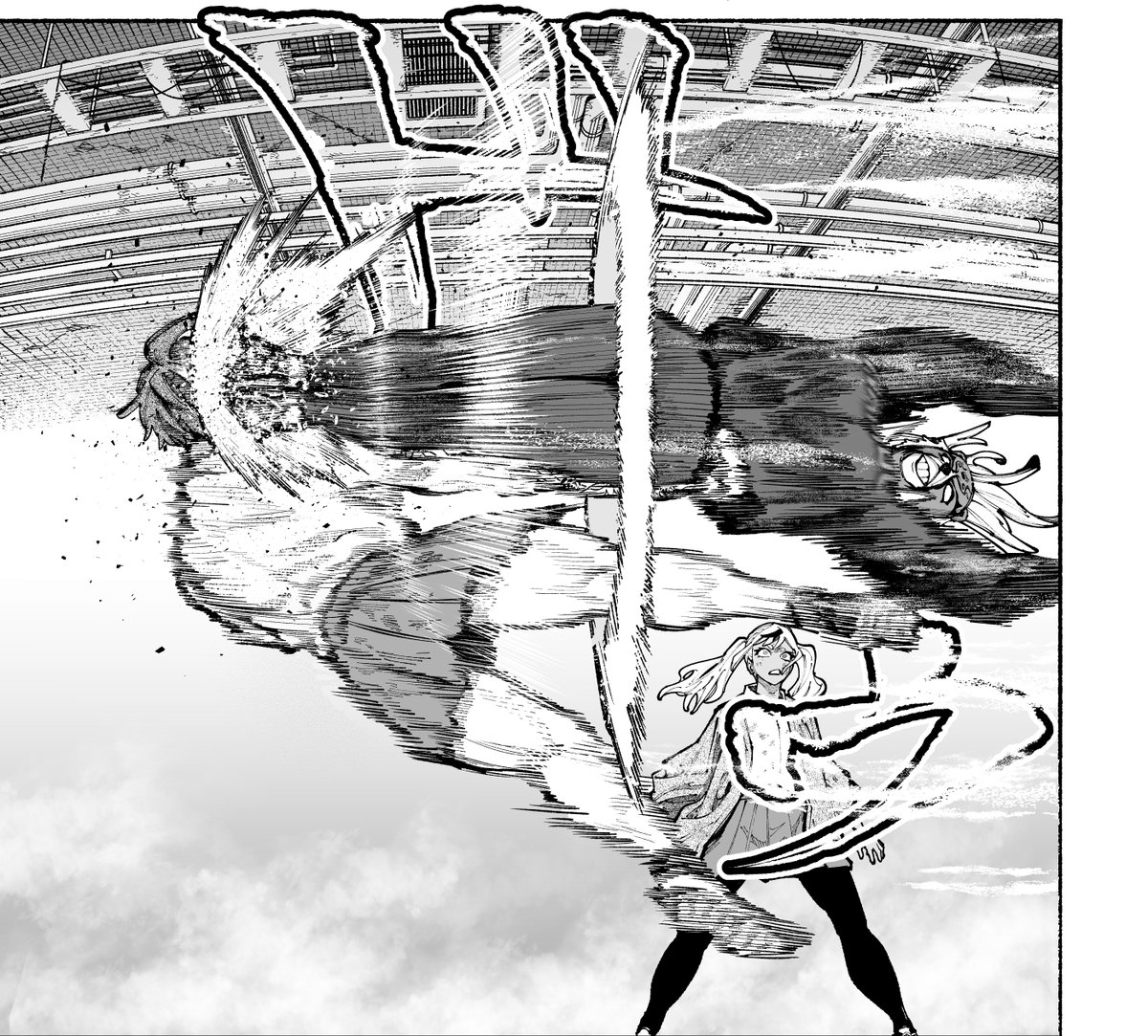 ドロップキック。
バトル描写は構図を熟考しますが、
このコマは結果、頂いたネームのままの構図でした。