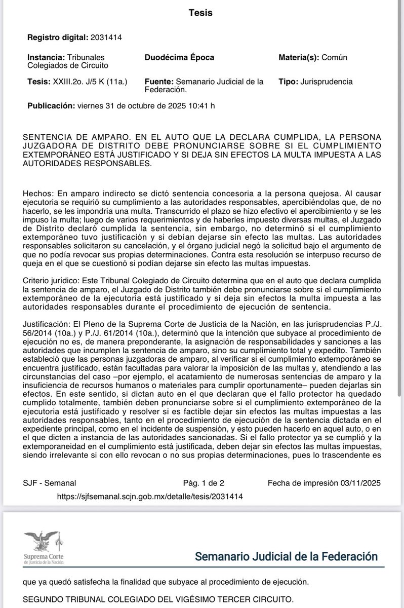 veroosornio's tweet image. En el auto que declara cumplida la sentencia de #amparo, el Juzgado de Distrito también debe pronunciarse sobre:

✅si el cumplimiento extemporáneo de la ejecutoria está justificado;y, 

✅si deja sin efectos la multa impuesta a las autoridades responsables.

#EnColegiado