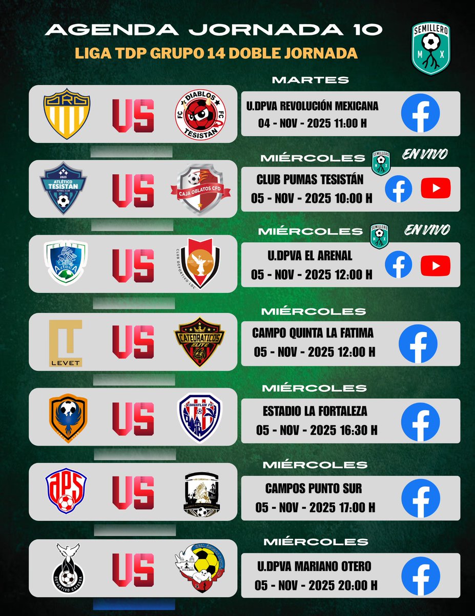 MxSemillero's tweet photo. 📅 FÚTBOL A MITAD DE SEMANA ⚽️
Cartelera doble 🫵🏻 la que tendrá #LigaTDP en su Grupo 14 con los 7️⃣ encuentros para esta ocasión.
Dos de ellos con la producción de Semillero MX 🎥
#AtleticoTesistan 🆚️ Caja Oblatos CFD Tlajomulco
#EliteAzteca 🆚️ Club Legado del Centenario https://t.co/egU5gbUqAG