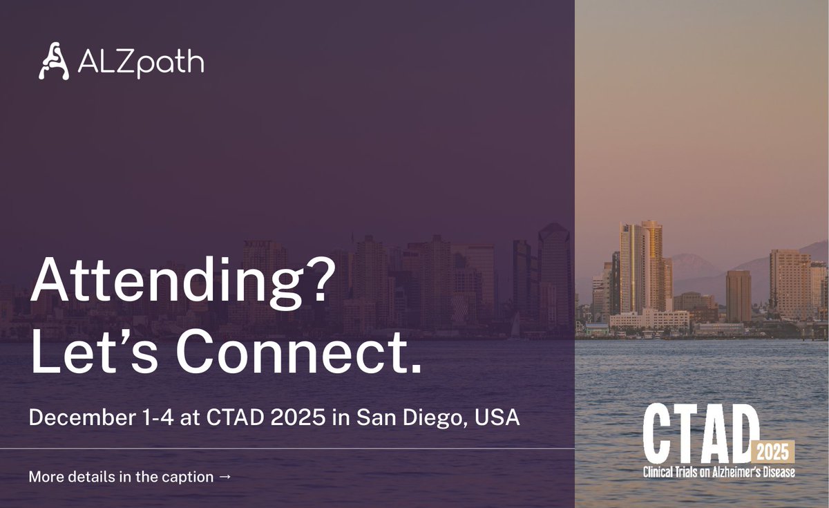 AlZpath's tweet image. We’re headed to #CTAD2025 in San Diego!

ALZpath will join global leaders in Alzheimer's disease research &amp;amp; diagnostics to discuss advances in #pTau217 and blood-based biomarkers.

Attending? Let’s connect - Reach out at inquiry@alzpath.bio to schedule a meeting.
@CTADconference