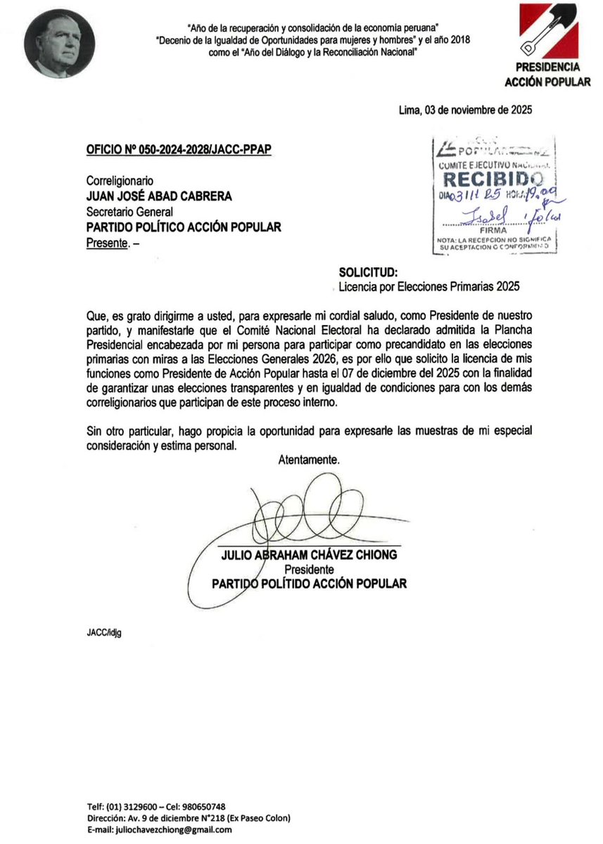 jchavezchiong's tweet photo. Amigos y correligionarios, he presentado licencia al cargo de Presidente de @AccionPopular, para participar como pre candidato a la Presidencia de la República en las elecciones primarias.
“Los últimos serán los primeros”

@AccionPopularOk https://t.co/THCOoG1zhX