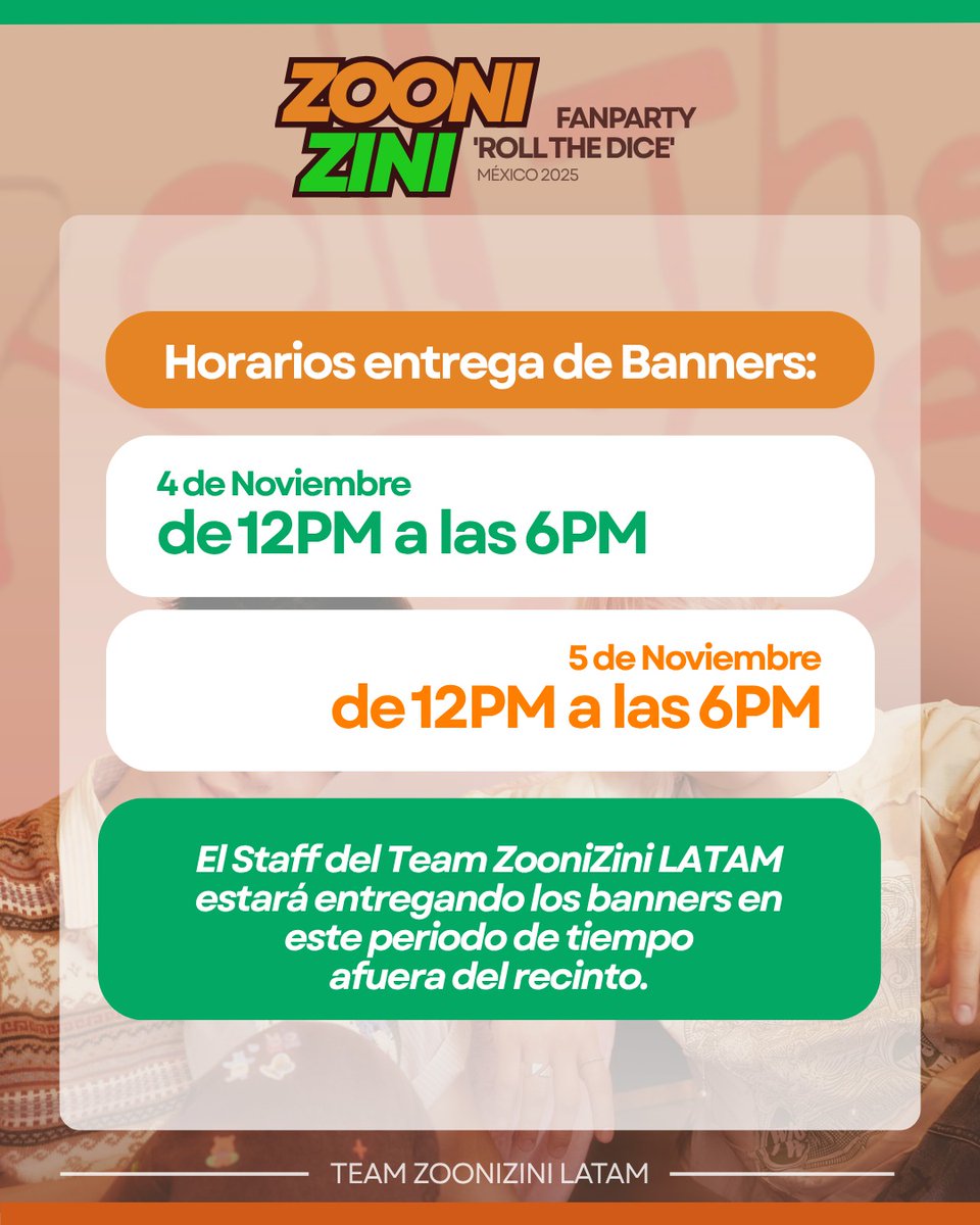 🎲 | #ZOONIZINI 
[FANPARTY "Roll The Dice" México 2025] — FANPROJECT—
💚🧡 Team ZooniZini LATAM 💚🧡

#AROHA, te proporcionamos los horarios de entrega de los Banners para el día 4 y 5 de Noviembre 🙌🏻

#주니지니 #DICE #진진 #엠제이 <a href="/offclASTRO/">ASTRO 아스트로</a>