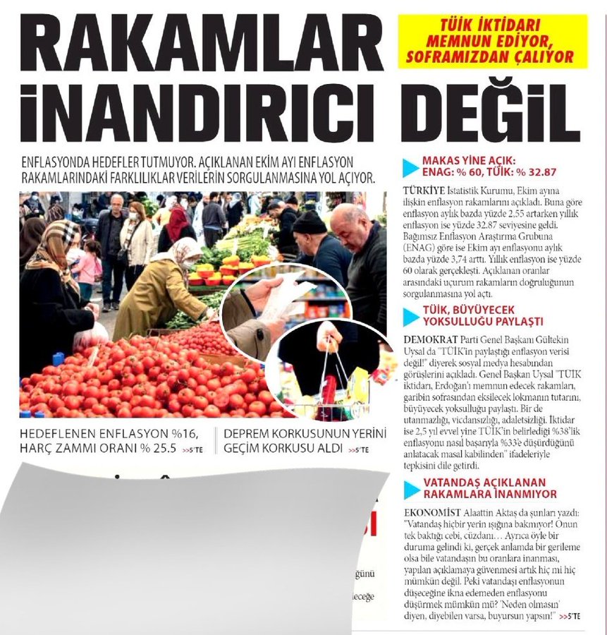 Newspaper front page titled Yeni Asya with bold headline Demokratik Cumhurriyetin cok uzagindayiz above articles on Turkish politics and events. Images include a man in traditional attire at a market stall with vegetables like tomatoes and peppers. Additional sections cover US-Turkey relations with red line reference and other news items in Turkish text. Layout features multiple columns and photos of public gatherings.
