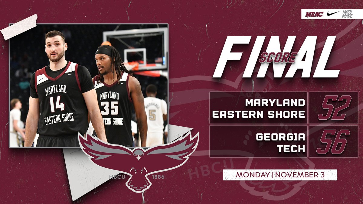 UMESHawksHoops's tweet image. The Hawks fall short to Georgia Tech in overtime, 56-52.

Forward Joe Locandro led UMES with 17 points along with five rebounds. Justin Monden had 10 points.

Box Score | stats.statbroadcast.com/broadcast/?gid…

Recap coming up on UMESHawkSports.com.
