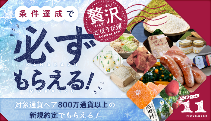 【FX取引で“贅沢ごほうび”をゲット！】
／
11月⛄条件達成で必ずもらえるキャンペーン「贅沢ごほうび便」✨
＼
対象通貨ペアの新規約定で…
✅800万通貨以上でご希望の賞品を1点プレゼント！
✅1,200万通貨以上で、プレゼントがグレードアップ✨！

期間は【11/3(月) 7:00 ～ 11/29(土) 6:30】まで⏰
