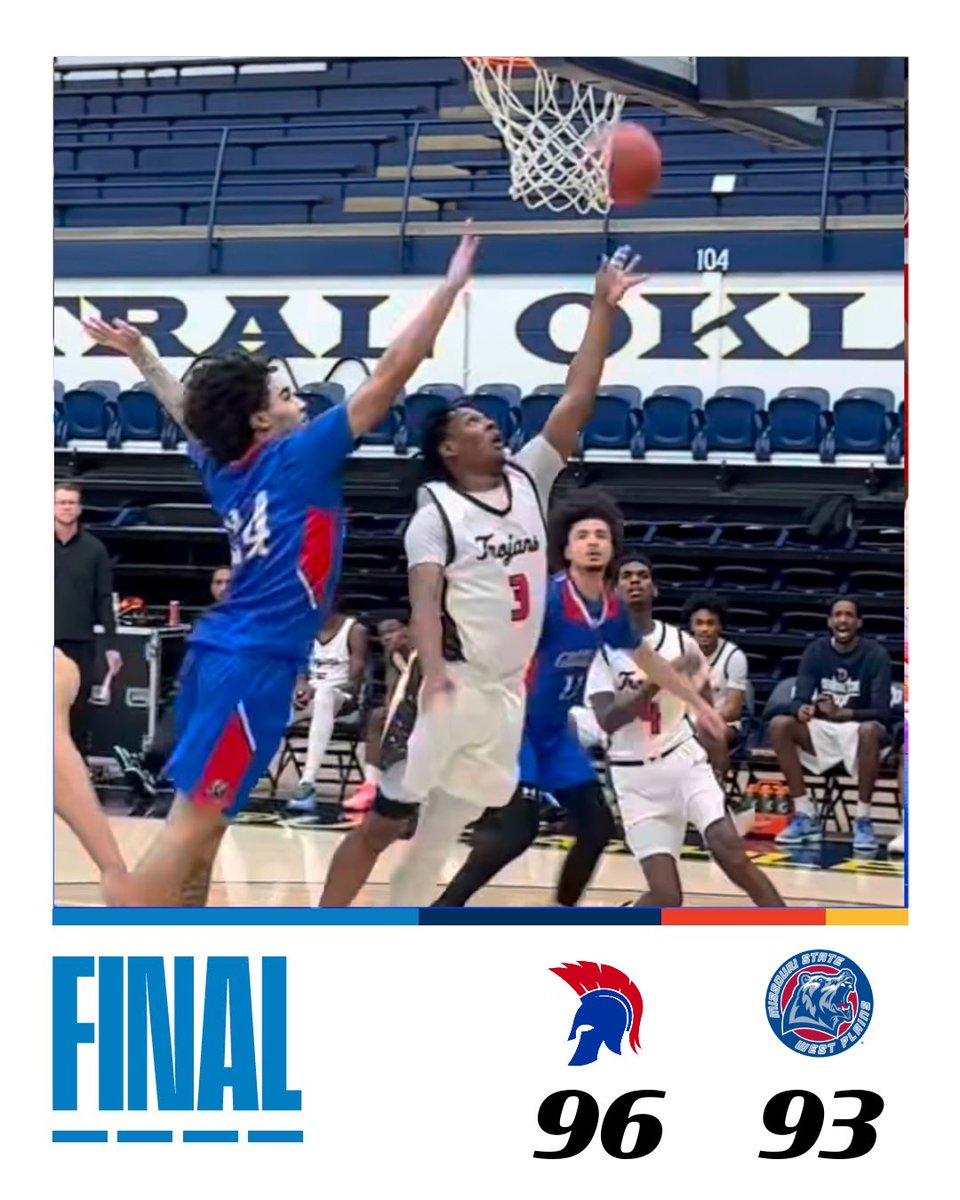 Final from UCO. Trojans take down Missouri State West Plains, 96–93.

Gritty team win to open the week strong 💪

Next up: Odessa College | Tomorrow at 12 PM

#TrojanTough #GoTrojans