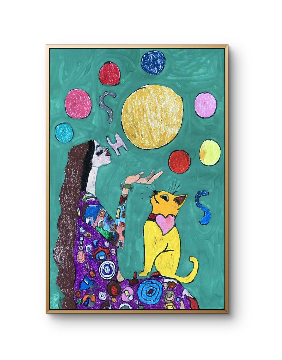 Title:  Woman playing with cat. : 猫と遊ぶ女性 : หญิงเล่นกับแมว
Technique : Oil pastels and watercolor on paper.
Size : 42x59.4 cm.

I'm vivid colour expressions artists.