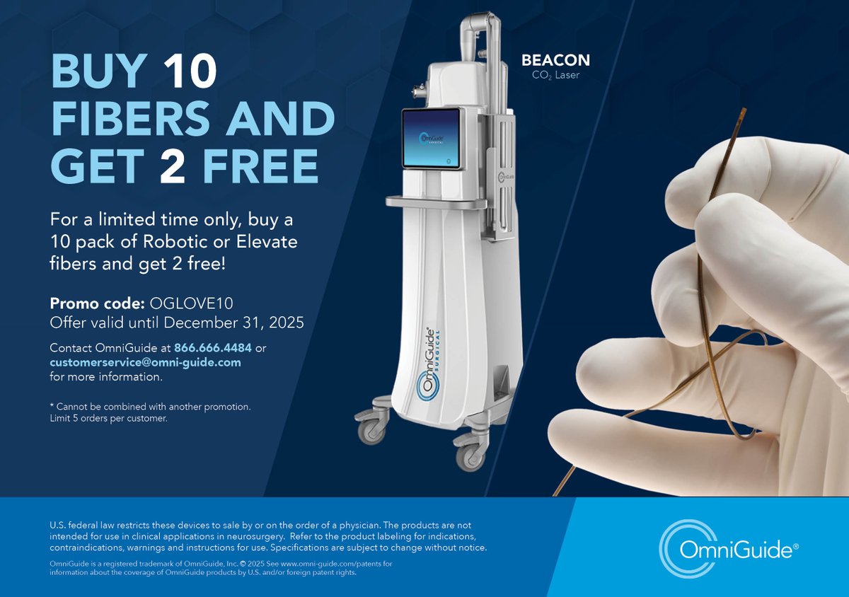 OmniGuideMIS's tweet image. For a limited time only, buy a 10 pack of Robotic or Elevate fibers and get 2 free from OmniGuide! Use code OGLOVE10. Offer expires December 31, 2025. Contact OmniGuide at 866.666.4484 or customerservice@omni-guide.com
for more information.