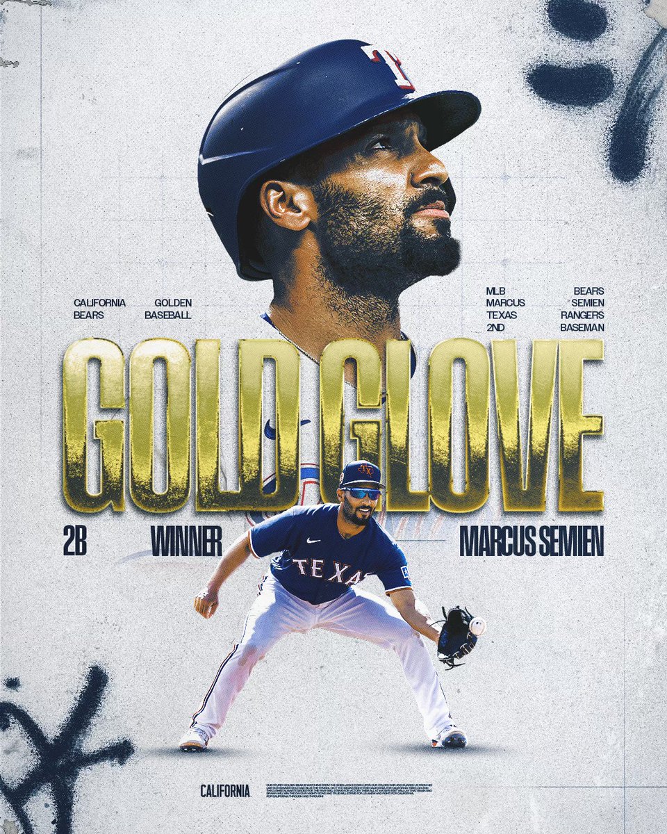 CalBaseball's tweet image. Putting the 𝐆𝐎𝐋𝐃 in Golden Bear 🐻

Congratulations to Marcus Semien on his 2nd career Gold Glove award! 

#GoBears
