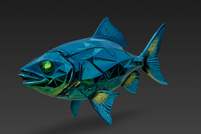 KrisCyberArt's tweet photo. 3D cyber-fish in iron silence. #CyberFish #3DArt #SilentGuardian #DigitalSculpture #warmertogether #60Minutes https://t.co/HUgzai6fJG