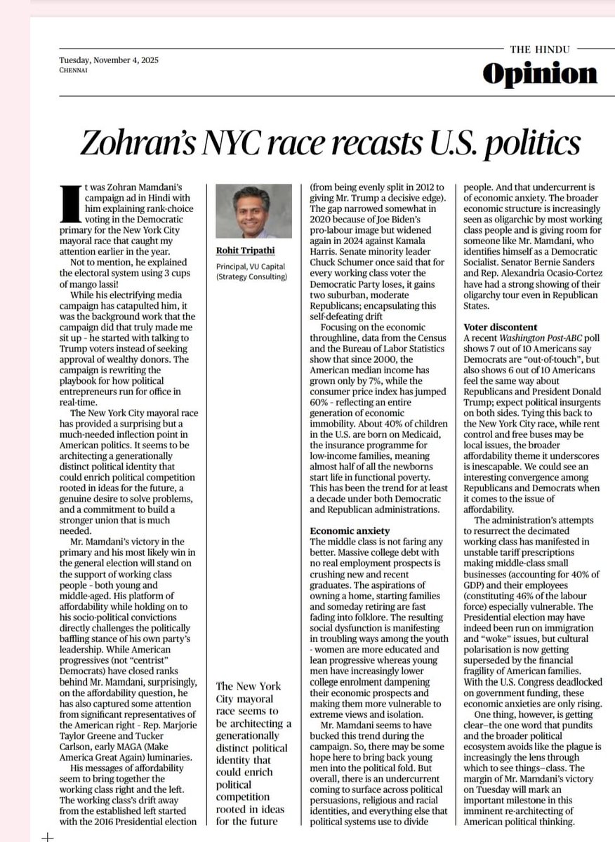 My piece in <a href="/the_hindu/">The Hindu</a> on <a href="/ZohranKMamdani/">Zohran Kwame Mamdani</a>’s historic campaign and how it may reshape America’s political discourse.