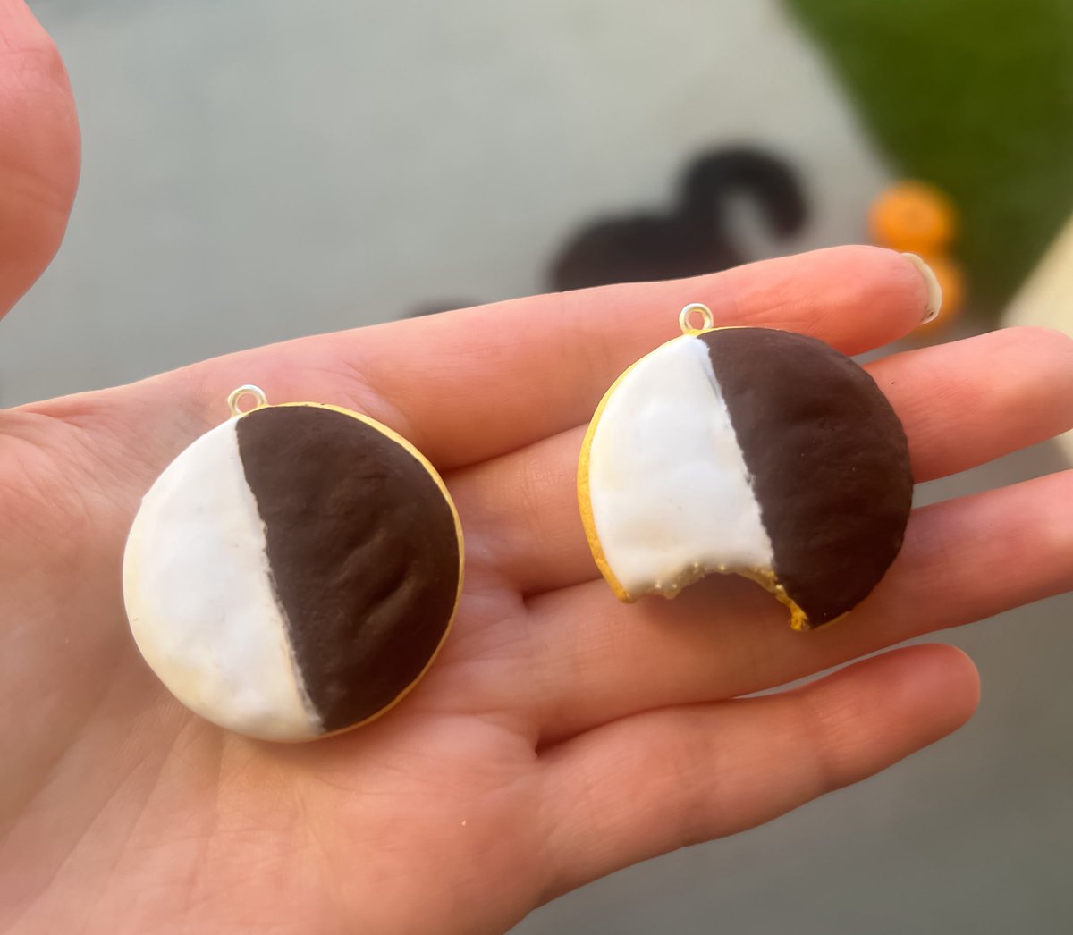 I made some black and white cookie earrings today