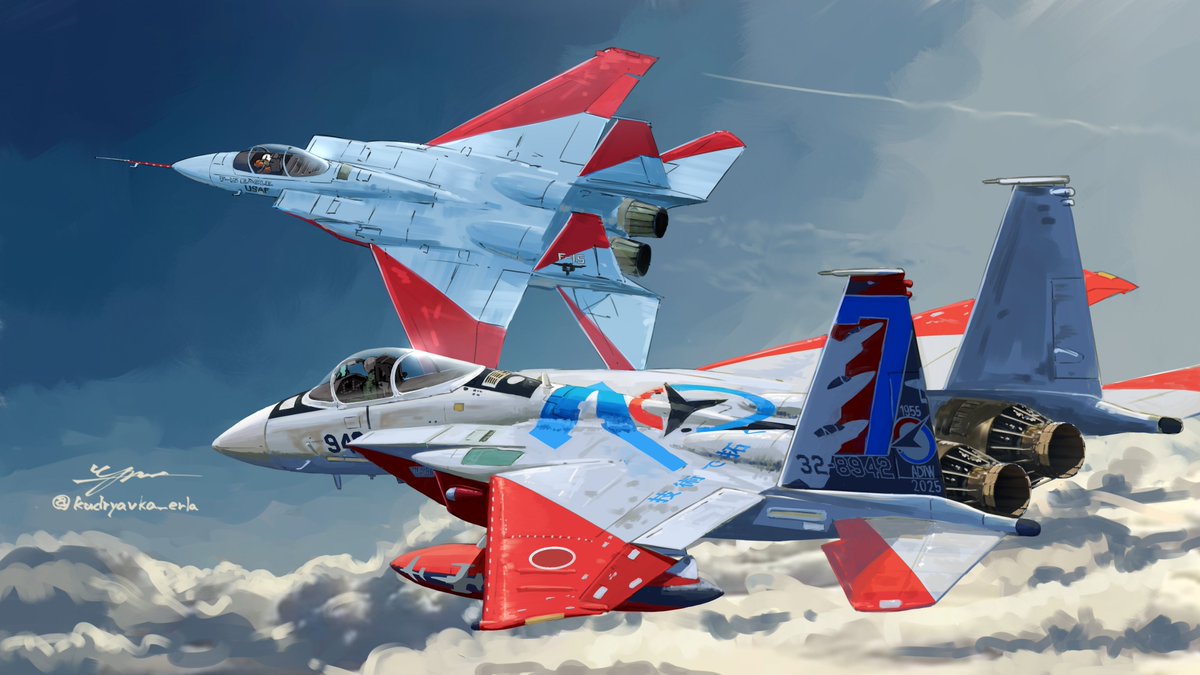 _kudryavka_erla's tweet image. skeb納品しました！飛行開発実験団70周年記念塗装機と、その記念塗装のモデルになったYF-15A試作1号機のコンビです
技術で拓く　その先の宇宙へ