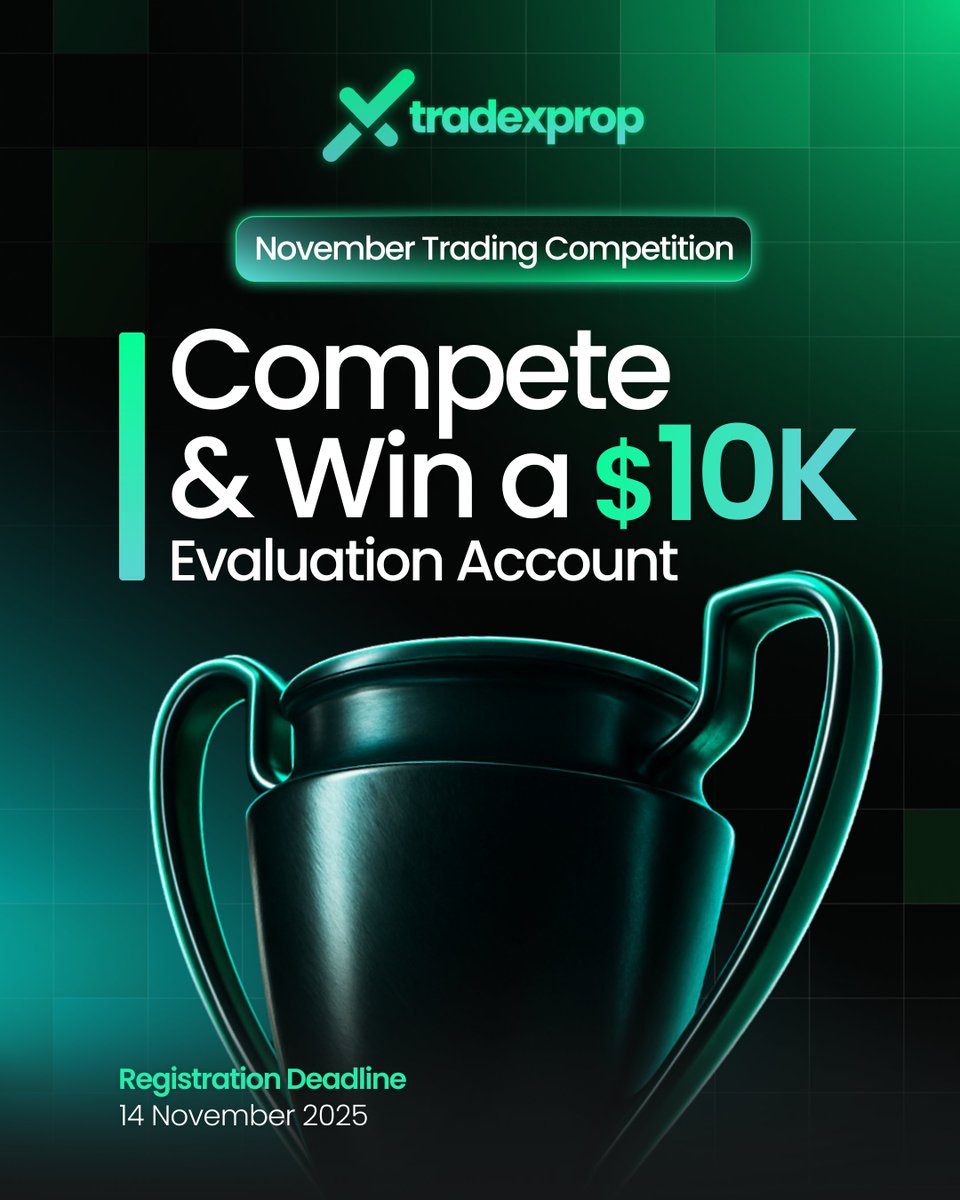 TradeXProp's tweet image. 🚨 NOVEMBER TRADING COMPETITION IS NOW LIVE! 🚨

Think you’ve got what it takes to dominate the charts and snag a $10,000 evaluation account? 💰

🎯 Show us your trading edge — it’s time to prove your skills and rise to the top! 🏆📈

📌 COMPETITION DETAILS
🔹 Platform: