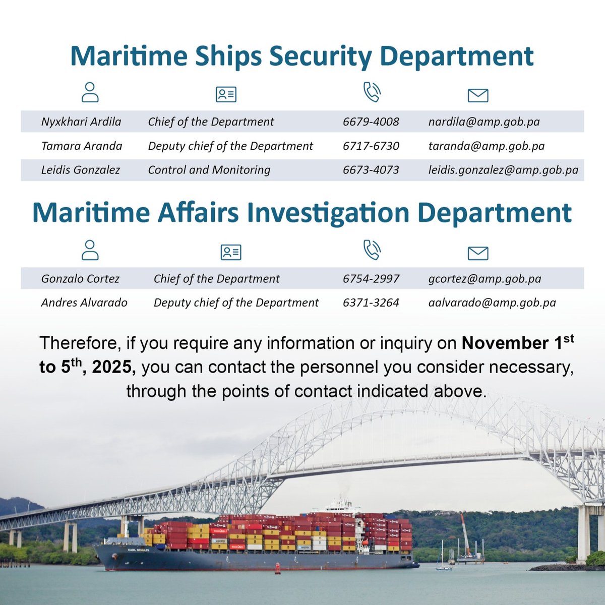 The Panama Maritime Authority (AMP) informs that during the national holidays, essential contact channels will remain open to address urgent maritime matters. 💼⚓

#conpasofirme #panamáensingapur #marinemerchant