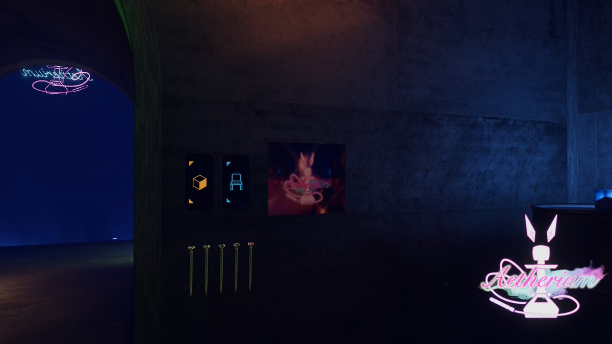 Aetherium_VRC's tweet image. 【改修工事のお知らせ】
カメラの端に当店のロゴが入るようになりました📷

入口入ってすぐの壁にあるオレンジのスイッチでオンオフの切り替えが可能です！
撮った写真は #VRCエーテリウム でたくさん投稿してください✨️