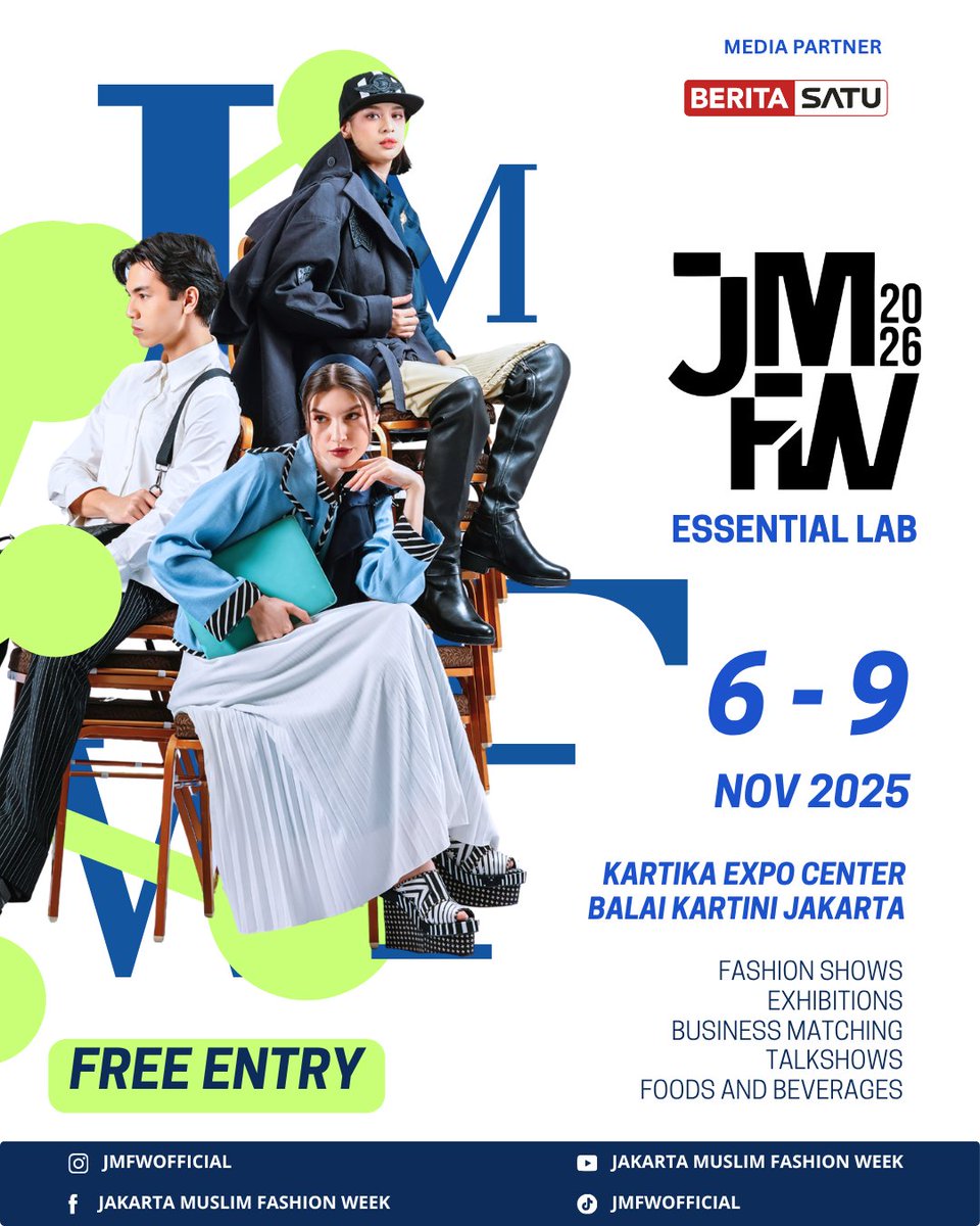 Beritasatu's tweet photo. Bukan sekadar event, tapi sebuah pengalaman baru! 

JMFW 2026, Essential Lab: Crafting the Future of Modest Fashion for Every Lifestyle. 

Tanggal 6-9 November 2025 di Kartika Expo Center, Balai Kartini. 

Ikuti IG @JMFWOfficial untuk info lebih lanjut. 

#JMFW2026 #EssentialLab https://t.co/AqEJox1YuP