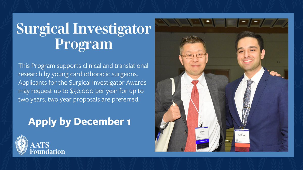 AATSHQ's tweet image. Early career #cardiothoracic surgeons: Find career growth opportunities through the AATS Foundation. Apply by December 1: aats.org/foundation
🔹Research Scholarship
🔹Surgical Investigator Program
🔹Thoracic Surgical Robotics Fellowship
🔹Leadership Academy