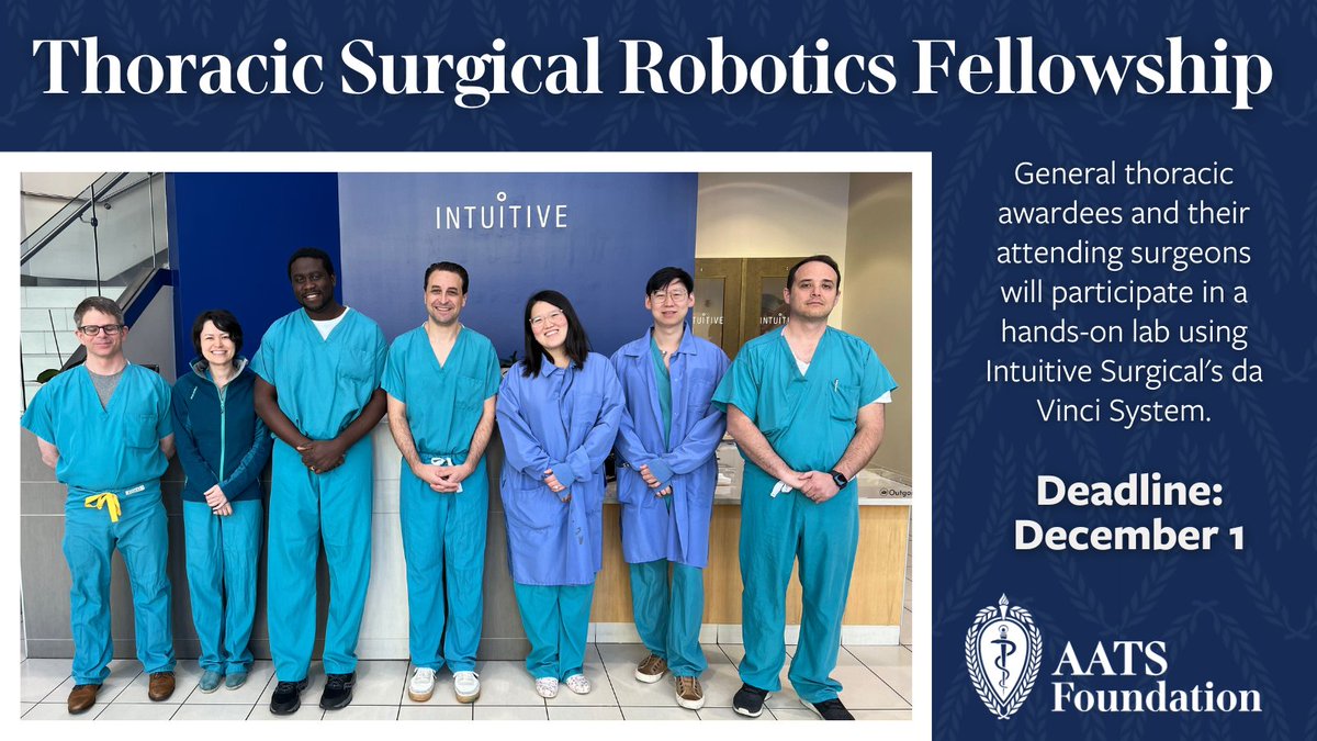 AATSHQ's tweet image. Early career #cardiothoracic surgeons: Find career growth opportunities through the AATS Foundation. Apply by December 1: aats.org/foundation
🔹Research Scholarship
🔹Surgical Investigator Program
🔹Thoracic Surgical Robotics Fellowship
🔹Leadership Academy