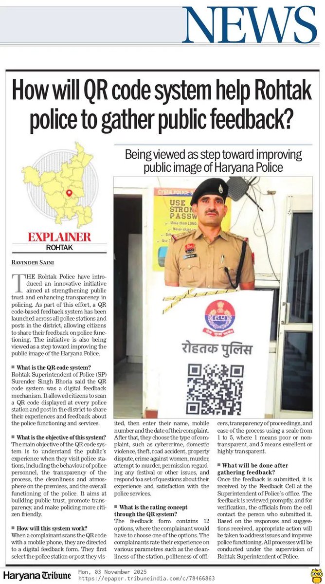 rsainiscribe's tweet image. Explainer: How will QR code system help Rohtak police to gather public feedback?  
#Haryana #Cops #ImageMaking #TheTribune @opsinghips @police_haryana @RohtakPolice @thetribunechd 
tribuneindia.com/news/premium/h…