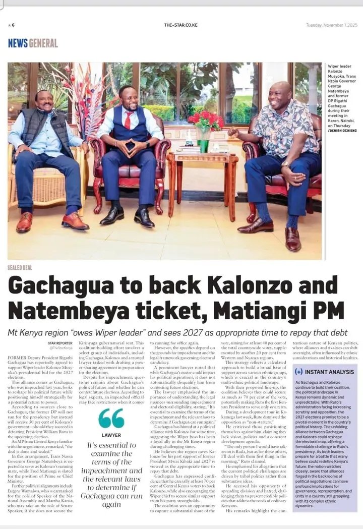 Finally, Gachagua has accepted his fate, he can't run for president. He's backing Kalonzo-Natembeya ticket &amp; Matiang'i as Prime Minister. Gachagua also wants 50% of that government. The United Opposition leaders are nothing but Former DP's political hostages.