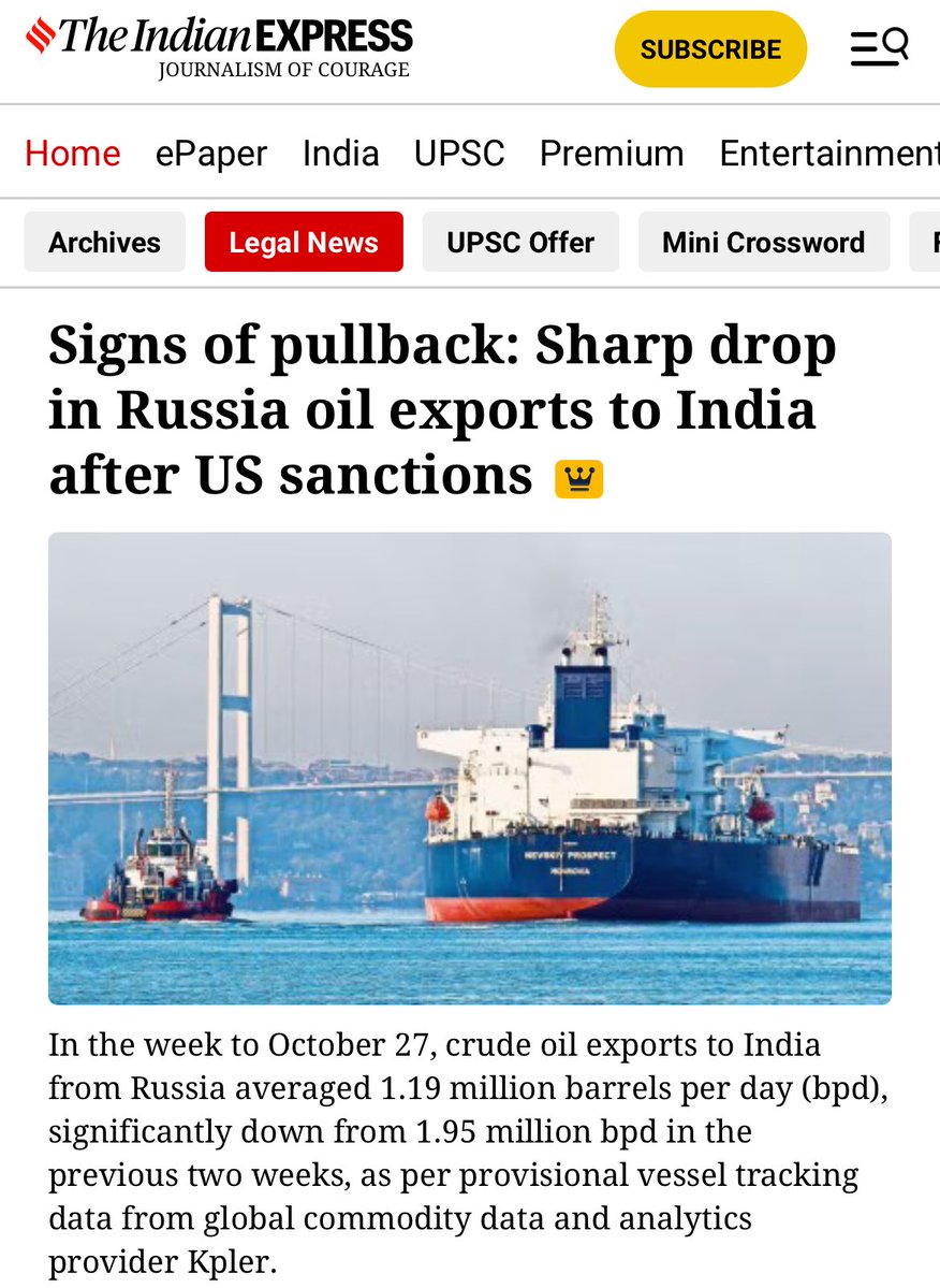 ट्रंप की धमकी के आगे भारत झुक गया ! 

अमेरिकी प्रतिबंधों के बाद भारत के रूस से तेल निर्यात में भारी गिरावट आई है ! वैश्विक कमोडिटी डेटा और एनलिटिक्स फर्म, केप्लर (Kpler) ने यह जानकारी दी है । केप्लर वैश्विक व्यापार बुद्धिमत्ता (global trade intelligence) के लिए एक एकीकृत