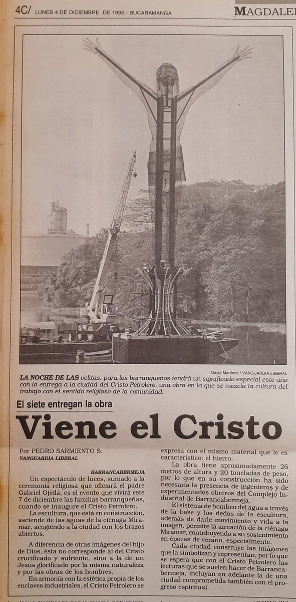 VIENE EL CRISTO

Un espectáculo de luces, sumado a la ceremonia religiosa que oficiará el padre Gabriel Ojeda, es el evento que vivirá este 7 de diciembre las familias barranqueñas, cuando se inaugure el Cristo Petrolero.

Vanguardia Liberal 7 dic 1995
#Barrancabermeja